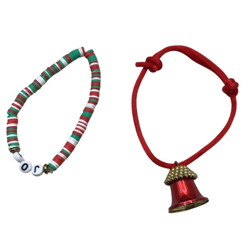 Handmade Christmas Bracelet Set JOY Heishi Clay Bead Red Cord Bell Holiday